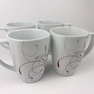 Corelle Coordinates Splendor Mugs Cups Red Gray Swirls Set of 4 Coffee / Tea